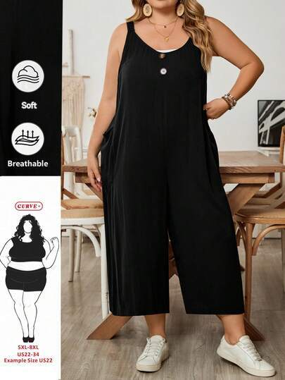 SHEIN CURVE+ 大码女式纯色褶皱休闲连体裤阔腿裤