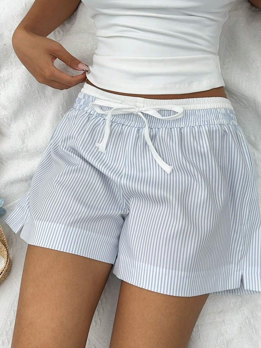 Resyla American Blue & White Vertical Striped Shorts, Women Summer Casual Versatile Wide Leg Pants - Multicolor - View 1