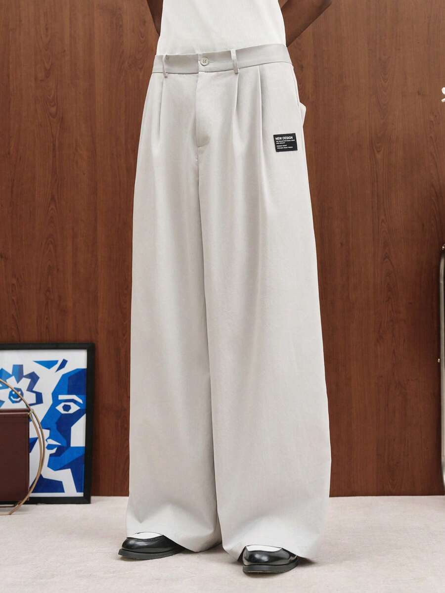 TOKVUE Men's Letter Embroidered Pleated Wide Leg Loose Suit Pants - Light Grey - View 1
