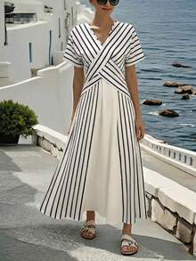 Breezaya Đầm nữ tối giản thanh lịch với họa tiết sọc chéo, thích hợp cho kỳ nghỉ và đi biển. - Đen và trắng - Xem 3