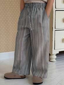 DAZY Young Boy Drawstring Waist Striped Pocket Wide Leg Loose Pants - Blue - View 4