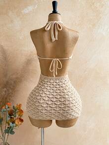 Soleia Đầm len nữ kiểu dáng khoét rỗng, đính tua rua và sequin. - Màu Khaki - Xem 2