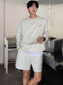 DAZY Men's Letter Print Long Sleeve T-Shirt And Shorts Set, Grey, Suitable For Spring And Autumn - Grey - View 7
