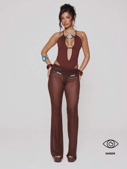 MUSERA Mesh Low Rise Trim Belt Detail Fitted Flared Trousers Pants Spring Summer Festival Sexy Ibiza Vacation Holiday Y2k Cowgirl Deconstructed Cowboy