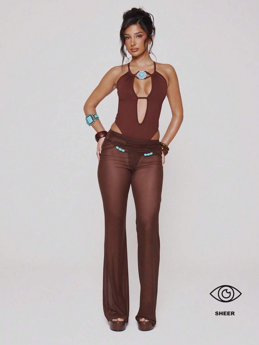 MUSERA 网眼低腰饰边腰带细节修身喇叭裤 春夏节日性感伊比沙岛度假休闲Y2K牛仔解构主义牛仔 - 咖啡棕 - 查看 1