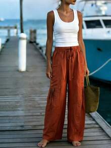 Breezaya New Spring Creek Collection Cargo Pants, Slimming High Waist Red BrownTrousers - Clay Red - View 3
