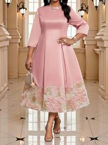 Fleurora Plus Size Women Dusty Pink Jacquard Round Neck 3/4 Sleeve Elegant Midi Dress For Autumn,Formal Wedding Guest Party,Luxury Evening Special Occasions - Pink - View 6