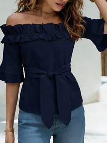 Hotletica White Off-Shoulder Ruffle Hem Casual Blouse For Women - Navy Blue - View 5