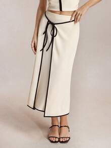 BizChic 杏色纹理针织黑色撞色滚边系腰蝴蝶结半身裙，优雅都市通勤、假日、母亲节、派对、婚礼宾客、毕业典礼、乡村音乐节、办公室、社交场合、工作服 - 杏色 - 查看 2