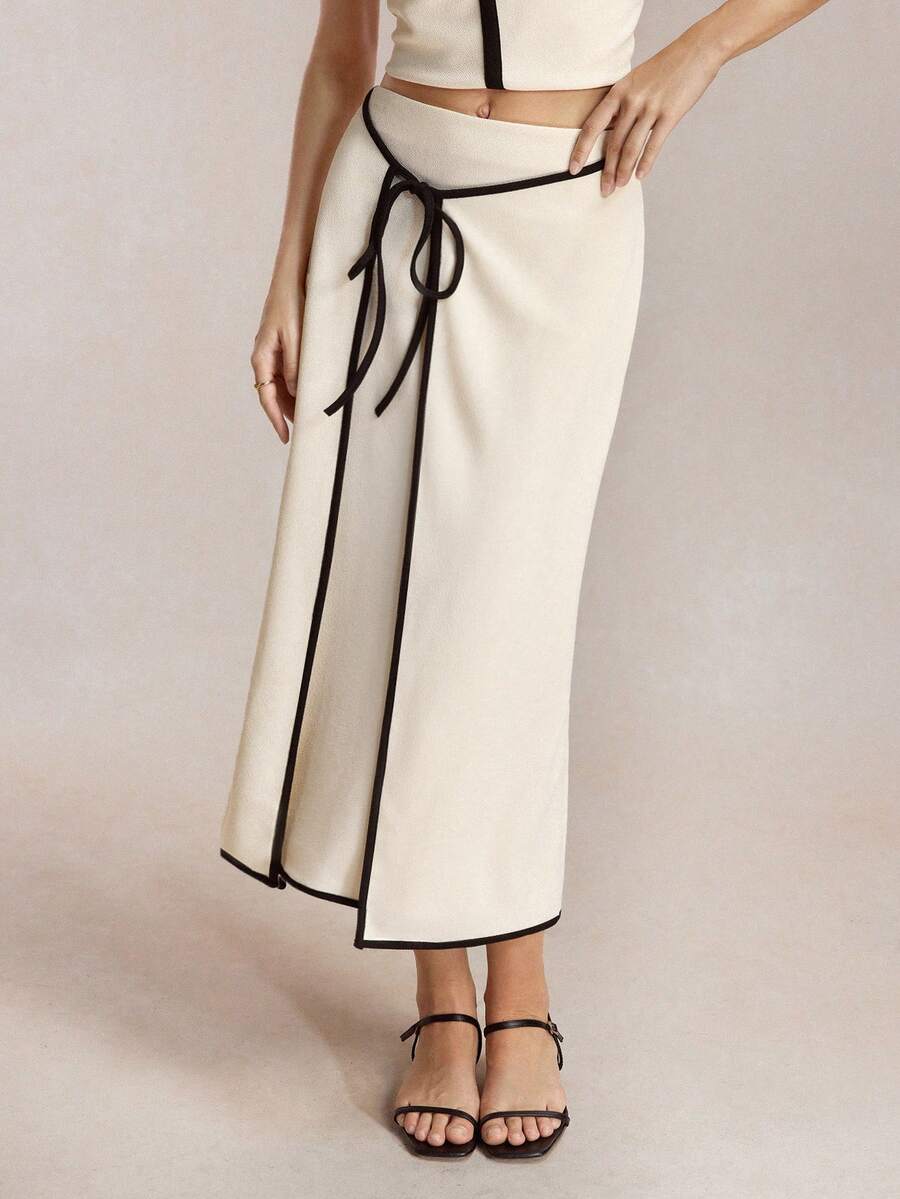 BizChic 杏色纹理针织黑色撞色滚边系腰蝴蝶结半身裙，优雅都市通勤、假日、母亲节、派对、婚礼宾客、毕业典礼、乡村音乐节、办公室、社交场合、工作服 - 杏色 - 查看 1