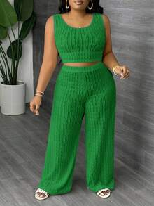 Slaydiva Plus Size Solid White Long Casual Vest And Wide Leg Pants 2 Pieces Set, Spring/Summer - Green - View 4