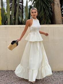 Livesso Bộ trang phục nghỉ hè cho nữ, áo croptop không tay cổ tròn màu trắng và chân váy xòe 2 mảnh. - Màu be - Xem 4