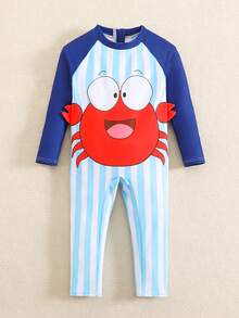 Bộ đồ bơi liền thân in kỹ thuật số họa tiết sọc và cua thanh lịch dành cho bé trai, trang phục đi biển thường ngày, thích hợp cho mùa xuân/hè/thu. - Nhiều màu - Xem 9