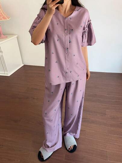 DAZY 女士夏季两件套甜美碎花宽松短袖上衣和直筒长裤睡衣套装