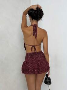 SHEIN Glamour 红豆沙吊带性感V领露背无袖不对称迷你裙两件套，波点迷你两件套，节日派对嘉年华套装，街头风，女士夜店套装，约会套装，女士生日装，优雅气质，派对必备，复古风，都市舒适，街头风，度假风 - 彩色 - 查看 2