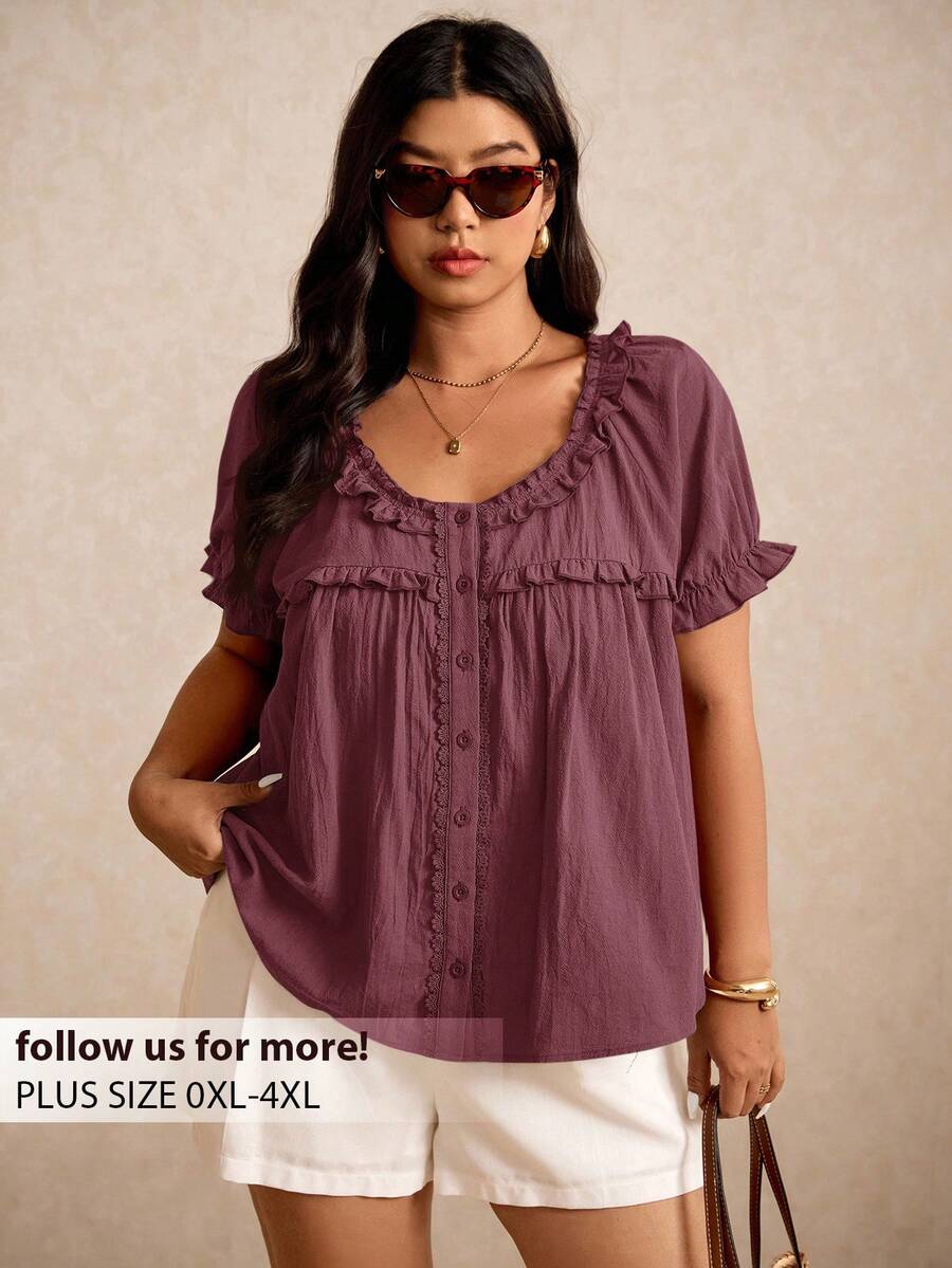 Elaquor Plus Size Casual Solid Color Short Sleeve Shirt, Summer - Red Violet - View 1