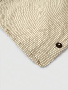 SHEIN LUNE CURVE 大码女式春夏亚麻条纹休闲舒适基础款条纹裤，日常/海滩穿着七分裤，带纽扣装饰 - 杏色 - 查看 6