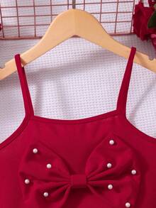 Sparklyn Girls' Bowknot Pearl Camisole Top And Pearl Skort 2-Piece Set, Red, Comfortable, Elegant, Suitable For Party, Outdoor, School, Vintage, Chic Mermaid Skirt And Top Set Red Mini Skirt Cute Outfits For Girls 8 Years Old Girl Outfit Teen Girl Clothes 2 Piece Sets - Red - View 7