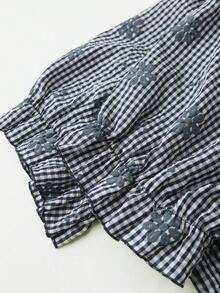 Franclia Blusa feminina plus size nova de verão, moda, com renda falsa bordada, manga curta, casual vintage para férias, camisa solta xadrez versátil, blusa estilo francês, blusa feminina xadrez para uso diário, nova chegada, blusa para piquenique, azul-marinho e branco - Azul marinho - Ver 5