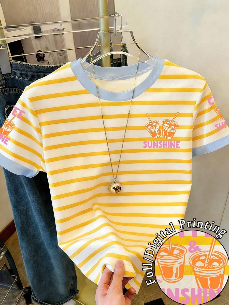 Resyla 女士字母条纹印花休闲圆领短袖T恤 - 彩色 - 查看 1