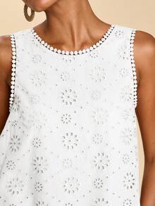 Travachic Women's Solid Color Hollow Embroidered Round Neck Backless Casual Tank Top,Summer Top - White - View 7