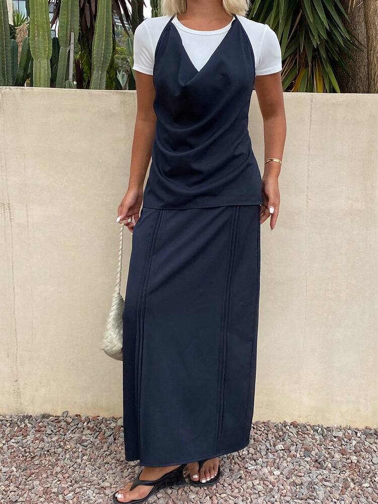 Women's Solid Color Halter Tie Back Sleeveless Top And Pleated Long Skirt Casual Summer 2-Piece Set Lounge Sets For Women