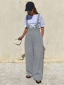DAZY Quần yếm denim nữ kẻ sọc dáng rộng, có thể điều chỉnh, kiểu dáng thường ngày thành thị. - Màu xanh lam - Xem 3