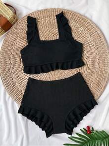 Swim Vcay Plus Size 2-Piece Bikini Set For Women,Elegant Black Textured Tankini Top,Ruffle Trim Square Neck & Shorts,Summer,Beach,Holiday,Formal,Evening - Black - View 3