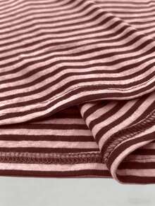 EMERY ROSE Women's Striped V-Neck Button Half-Placket Short Sleeve Casual T-Shirt - Burgundy - View 5