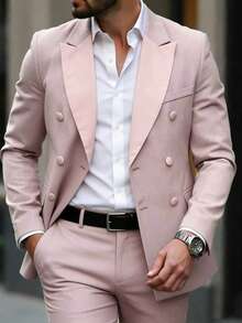 Manfinity Bizformal Men's Pink Contrast Splice Business Wedding Suit Jacket And Pants Set - Coral Pink - View 1