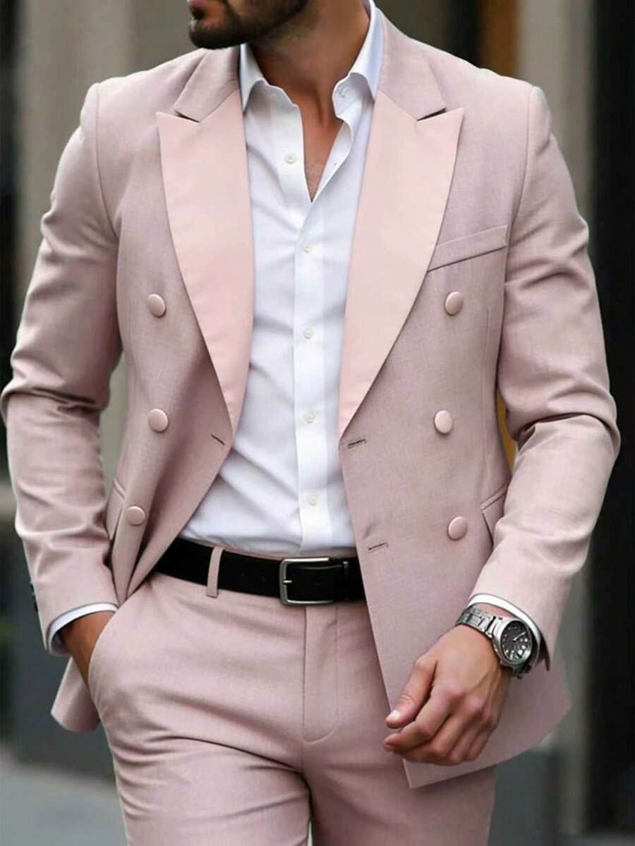 Manfinity Bizformal Men's Pink Contrast Splice Business Wedding Suit Jacket And Pants Set - Coral Pink - View 1