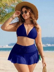 Swim Lushoire 大码夏季度假抽绳拼接网纱三角泳裤 - 藍色 - 查看 6