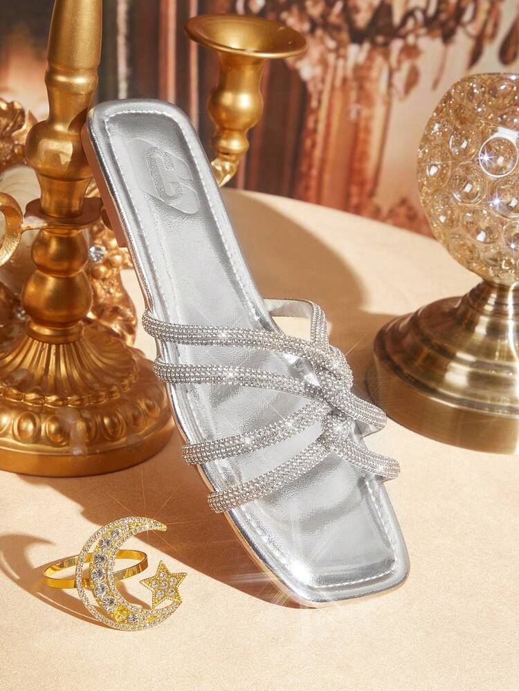 CUCCOO TILAWA Women Shoes Summer Ladies Fashion Square Toe Flat Bottom Silver Rhinestone Strip Comfortable Vacation Fashion Gorgeous Ladies Flat Sandals Slippers