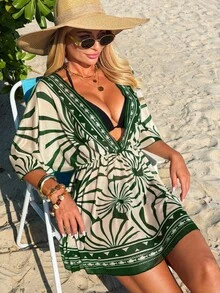 Swim Lushoire Women's V-Neck Cinched Waist Mid-Sleeve Backless Tie Vacation Dress, Beach Cover-Up, Spring/Summer - Green - View 5