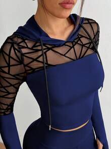 Slayform Mesh Patchwork Sheer Hooded Neck Long Sleeve Top And High Waist Skinny Pants Sports Suit - Navy Blue - View 3