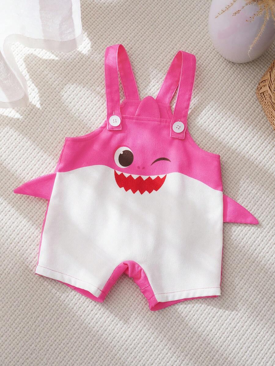 BABY SHARK X SHEIN Baby Girl Cartoon Print Cute Bib Shorts - Hot Pink - View 1