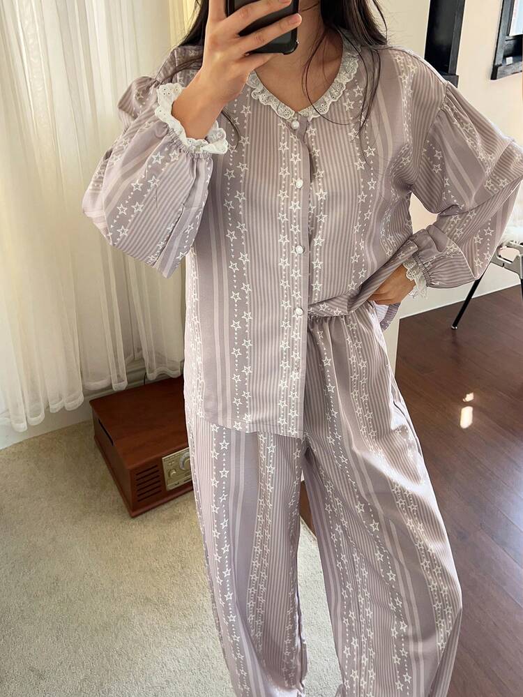 Cute Country Style Star Striped Lace Ruffle Trim Loose Women Pajama Set
