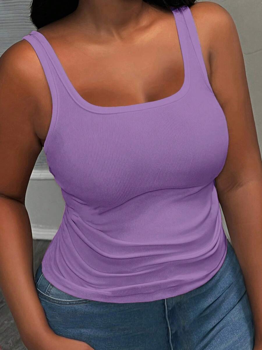 Slaydiva Women Plus Size Basic Deep V-Neck Sleeveless Slim Fit Ribbed Ruched Side Camisole Tank Top, White Semi-Sheer - Mauve Purple - View 1