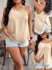 Breezaya Áo tank top nữ cỡ lớn cổ tròn thoải mái, chất liệu cotton pha lanh, lưng chéo, trang trí cúc dừa, kiểu dáng thường ngày, thích hợp mặc đi nghỉ mát. - Màu be - Xem 6