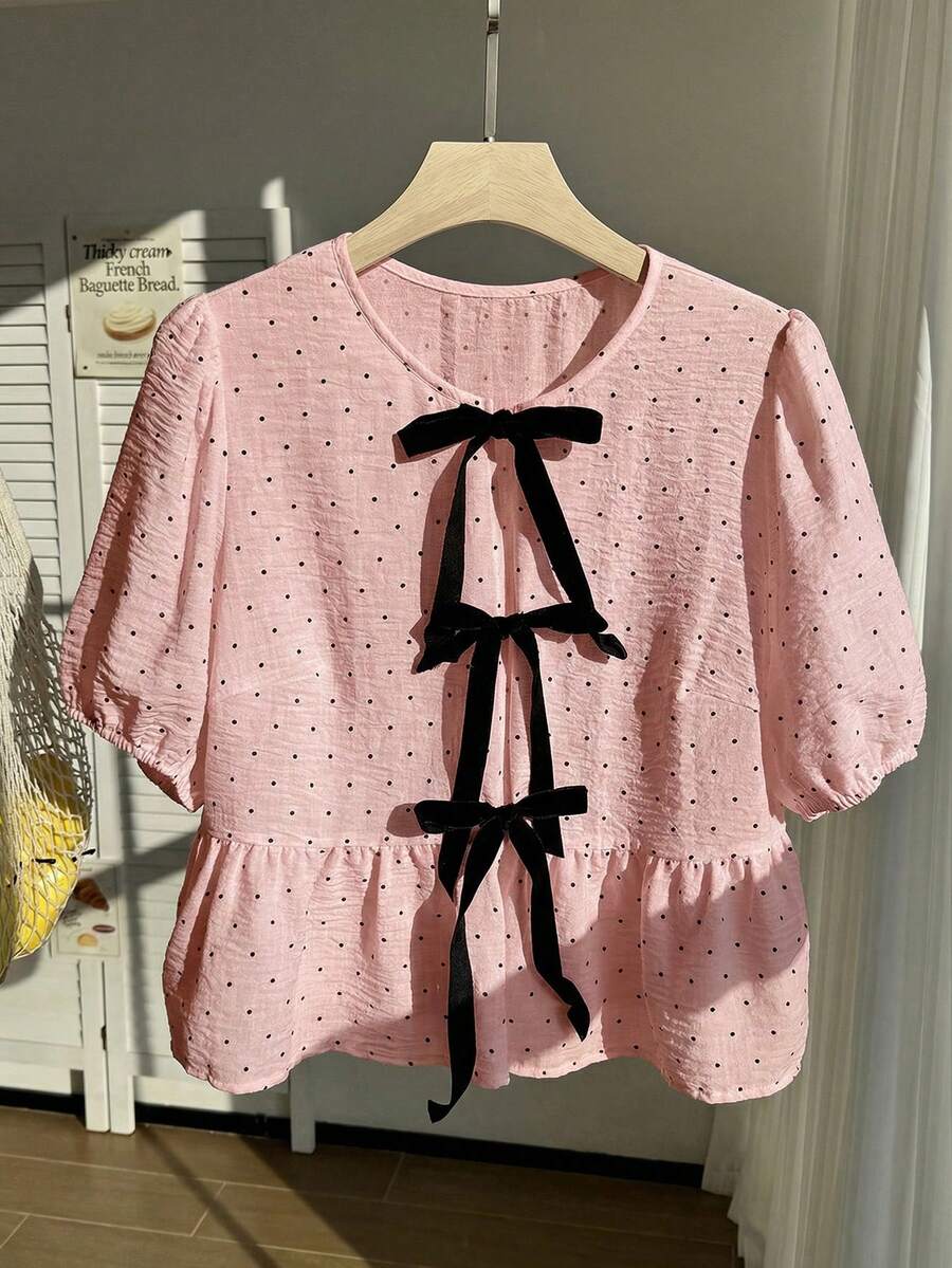 Comfortcana Plus Size Pink Round Neck Petal Sleeve Polka Dot Bow Decor Blouse - Pink - View 1