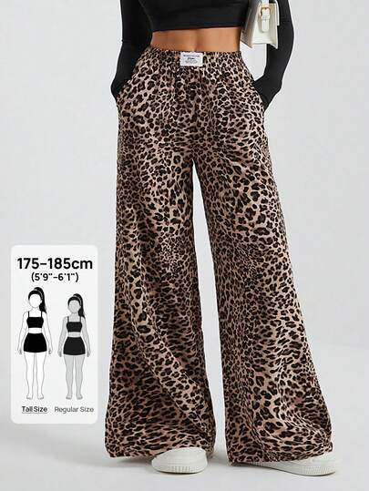 SHEIN Tall Quần ống rộng nữ kiểu dáng đường phố, chất liệu dệt họa tiết da báo.