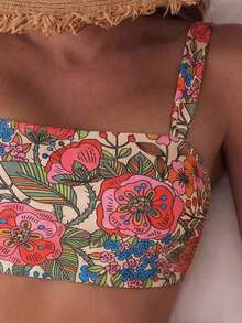 Swim Mod 女士夏季随机印花吊带上衣和高腰泳裤两件套比基尼套装，沙滩度假 - 彩色 - 查看 4