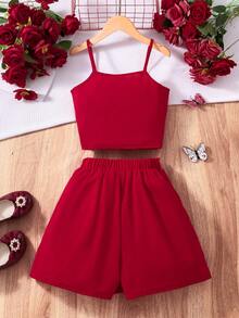 Sparklyn Girls' Bowknot Pearl Camisole Top And Pearl Skort 2-Piece Set, Red, Comfortable, Elegant, Suitable For Party, Outdoor, School, Vintage, Chic Mermaid Skirt And Top Set Red Mini Skirt Cute Outfits For Girls 8 Years Old Girl Outfit Teen Girl Clothes 2 Piece Sets - Red - View 3
