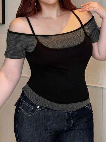 Dazy Plus Bộ 2 áo thun ngắn tay cổ yếm xếp lớp ngọt ngào và thanh lịch, thiết kế gợi cảm ôm sát, đa năng, cỡ lớn dành cho nữ mùa xuân/hè.