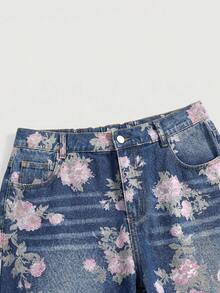 ROMWE Fairycore Vintage Floral Print Washed Plus Size Women Loose Wide Leg Jeans - Blue - View 3