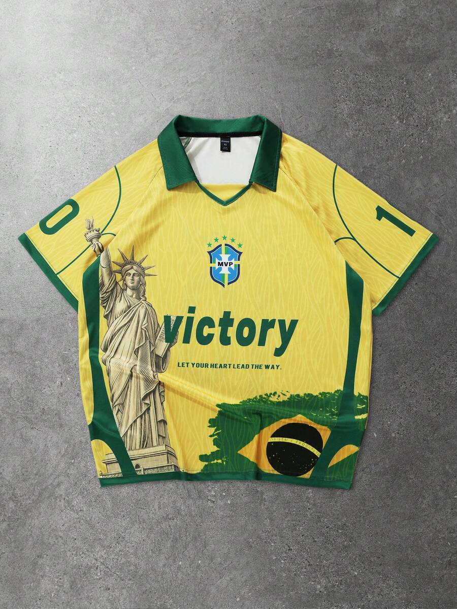 ROMWE MEN Prep Men's Polo Shirt, Casual Sports Sakura & English Text Graphic Print Short Sleeve Polo Shirt - Yellow - View 1