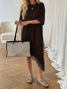 SHEIN LUNE Women's Casual Solid Color Lace Patchwork Summer Vacation Commute Daily Basic Fashion Asymmetrical Hem Short Sleeve Mid-Length Dress - Brown - View 7