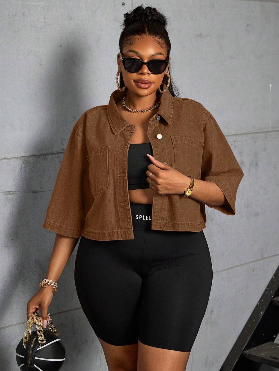 Slaydiva Plus Size Women Denim Jacket, Sleeveless, Cropped, Non-Stretch - Brown - View 1