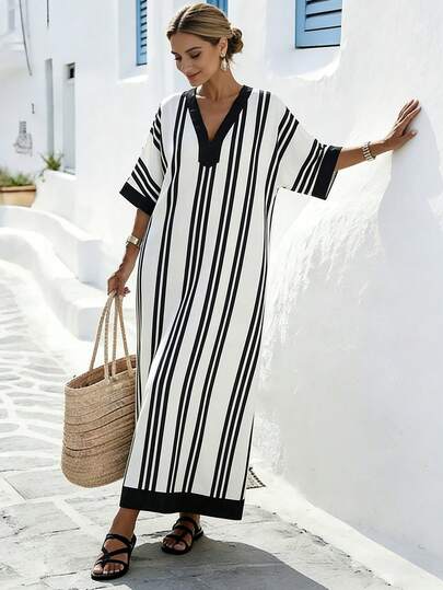 SHEIN Holidaya Đầm Holidaya mùa hè, kiểu dáng thường ngày, họa tiết kẻ sọc, phối màu, dáng rộng.