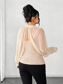 Elenzga Áo hai dây nữ thời trang đính sequin, thiết kế cổ đứng, phối cùng khăn choàng lưới và dây đeo mỏng, áo thun sequin thanh lịch, thích hợp cho các buổi tiệc mùa xuân/thu/đông, hẹn hò, Giáng sinh, Halloween, Ngày lễ tình nhân, Năm mới và các dịp khác. - Màu be - Xem 2